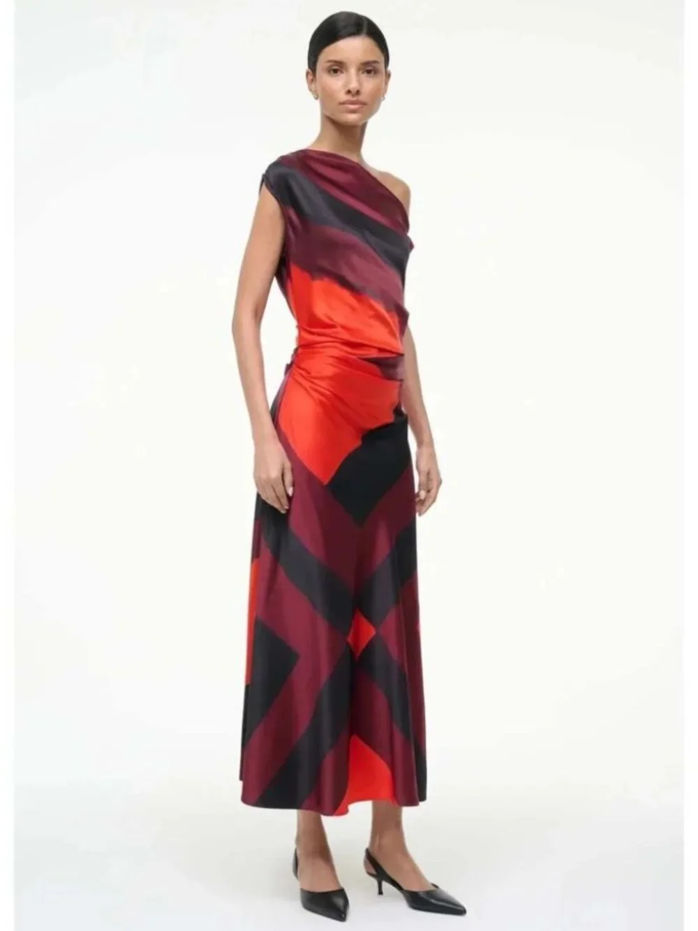 STAUD Phare One-Shoulder Silk Midi Dress Ruby Prism Size 6